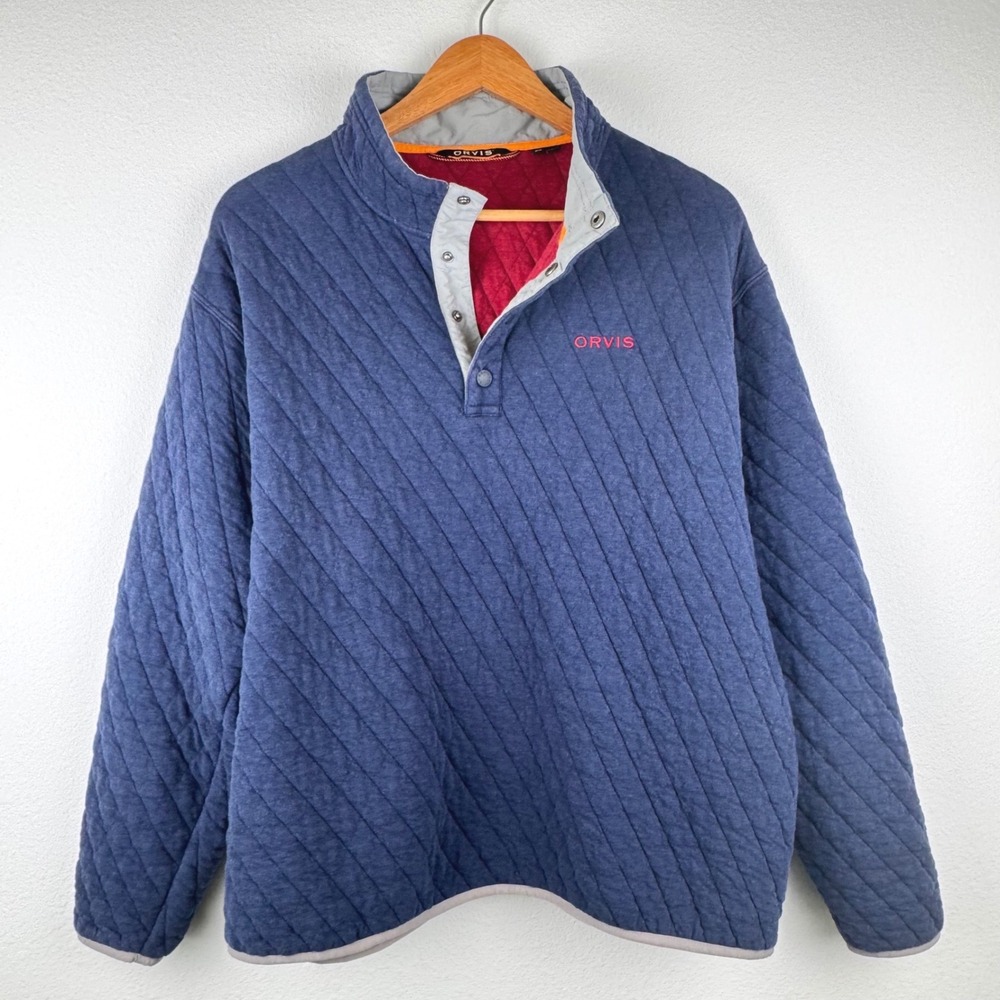 Orvis Quilted Pullover Mens XL Blue Excellent Outdoor Snap Neck Sweatshirt